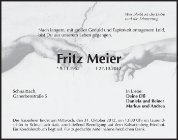 Traueranzeige von Fritz Meier von Pegnitz-Zeitung